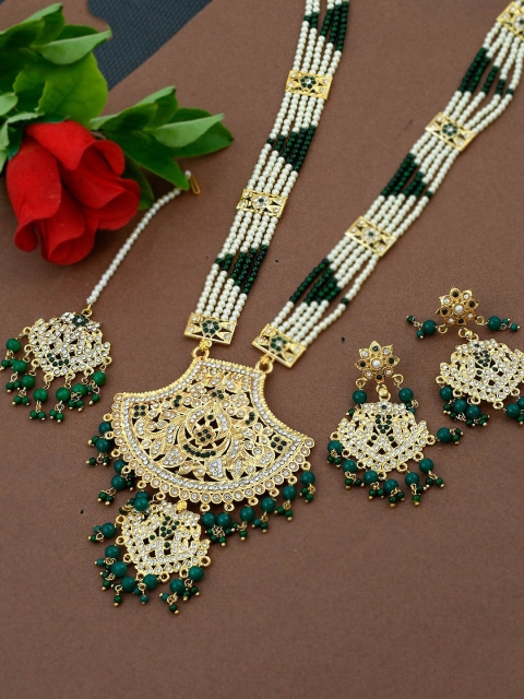 

Silvermerc Designs Green Gold Plated Meenakari Long Jewellery Set with Maangtikka