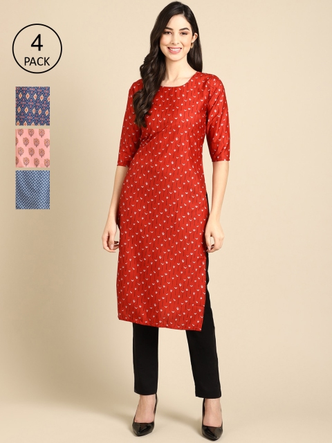 

Ethnic basket Women Pack Of 4 Multicoloured Ethnic Motifs Printed Crepe Kurta, Multi