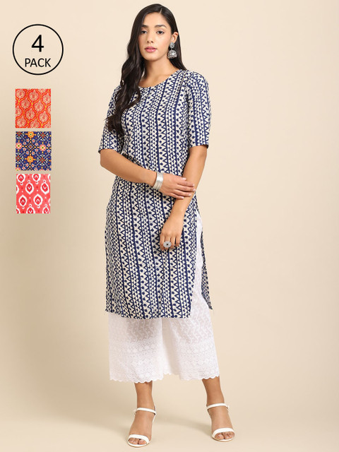 

Ethnic basket Women Pack Of 4 Printed Crepe Straight Kurta, Red
