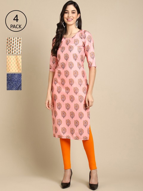 

Ethnic basket Women Multicoloured Striped Keyhole Neck Flared Sleeves Block Print Crepe Kurta, Multi