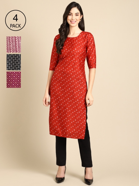 

Ethnic basket Women Pack Of 4 Geometric Printed Crepe Kurta, Red