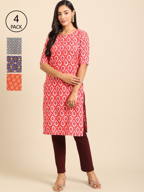 

Ethnic basket Pack of 4 Women Geometric Printed Crepe Kurta, Orange