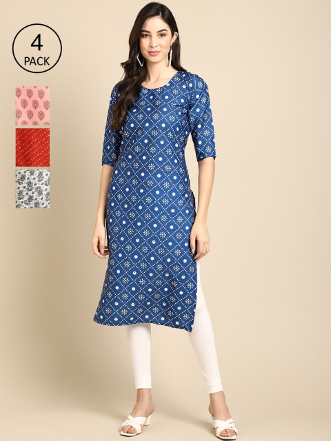 

Ethnic basket Women Pack of 4 Floral Printed Crepe Straight Kurta, Blue