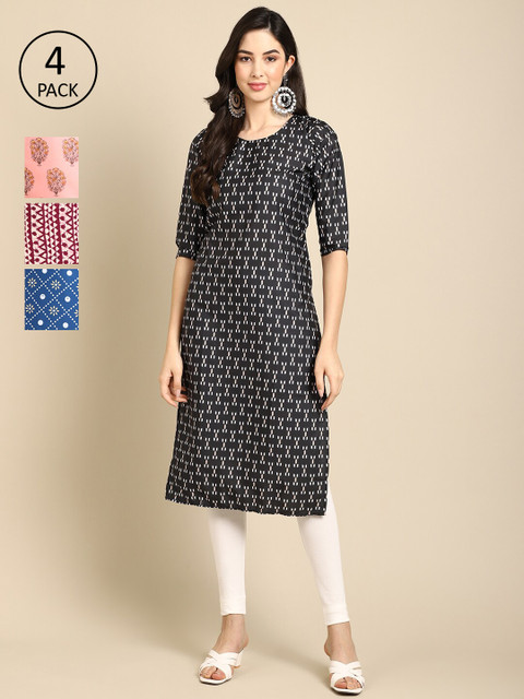 

Ethnic basket Women Multicoloured Geometric Printed Keyhole Neck Block Print Crepe Kurta, Multi