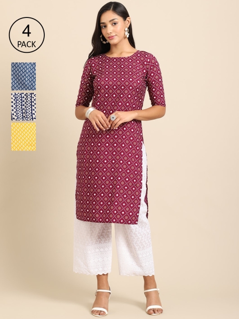 

Ethnic basket Women Set Of 4 Violet & Blue Floral Printed Crepe Kurta