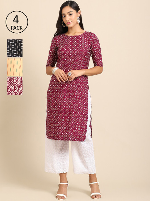 

Ethnic basket Women Pack of 4 Purple & Beige Geometric Printed Crepe Kurta