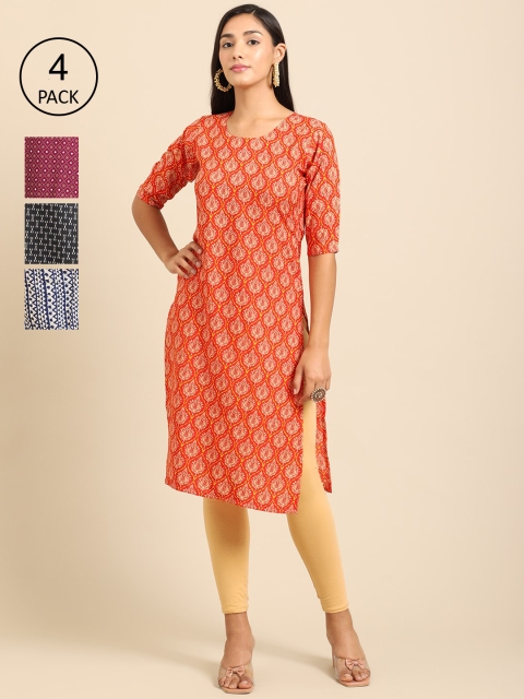 

Ethnic basket Women Pack Of 4 Orange & Purple Ethnic Motifs Printed Crepe Kurta