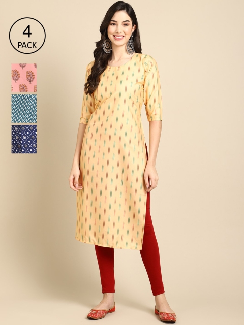 

Ethnic basket Women Pack Of 4 Ethnic Motifs Printed Block Print Crepe Kurta, Multi