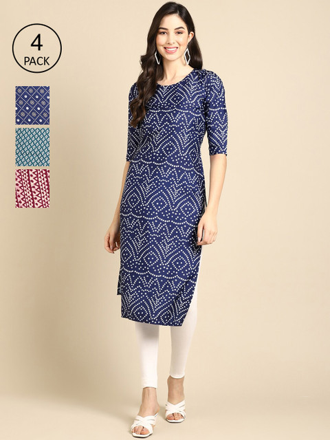 

Ethnic basket Women Multicoloured Geometric Printed Thread Work Block Print Crepe Kurta, Multi