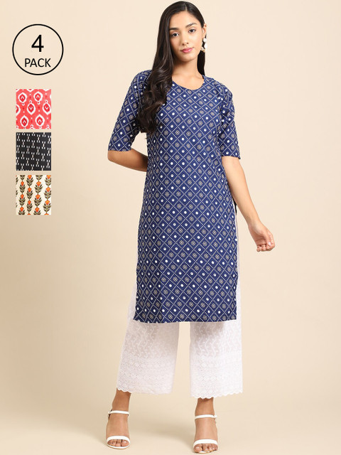 

Ethnic basket Women Pack Of 4 Floral Printed Crepe Straight Kurta, Blue