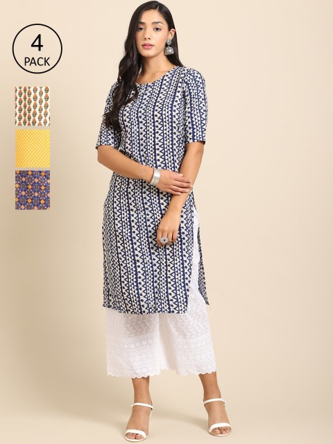 

Ethnic basket Women Yellow & White Pack Of 4 Floral Printed Block Print Crepe Kurta