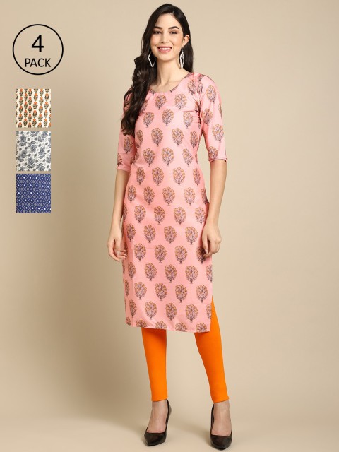 

Ethnic basket Women Pack of 4 Pink & Blue Ethnic Motifs Printed Crepe Kurta