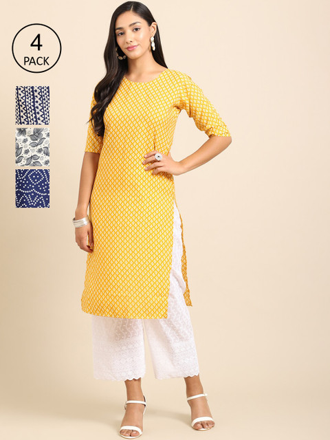 

Ethnic basket Women Multicoloured Geometric Printed Keyhole Neck Thread Work Block Print Crepe Kurta, Multi