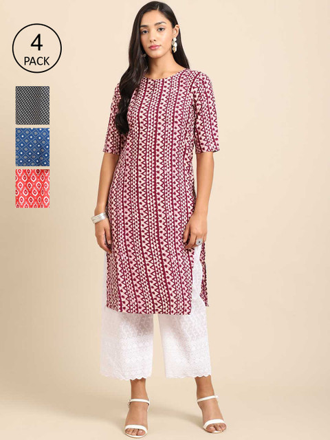 

Ethnic basket Women Multicoloured Geometric Printed Keyhole Neck Thread Work Block Print Crepe Kurta, Multi