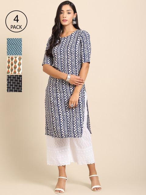 

Ethnic basket Women Pack Of 4 Floral Printed Crepe Straight Kurta, Blue