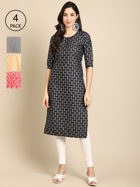 

Ethnic basket Women Black & Yellow Pack Of 4 Geometric Printed Block Print Crepe Kurtas