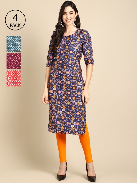

Ethnic basket Women Pack Of 4 Floral Printed Crepe Straight Kurta, Blue