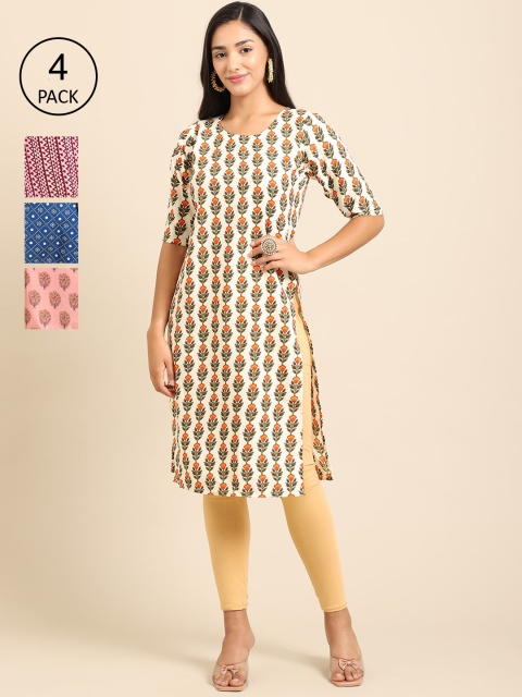 

Ethnic basket Women Pack Of 4 Ethnic Motifs Printed Block Print Crepe Kurta, Multi