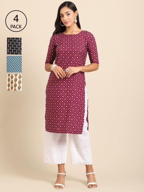

Ethnic basket Women Pack Of 4 Geometric Printed Crepe Kurta, Maroon
