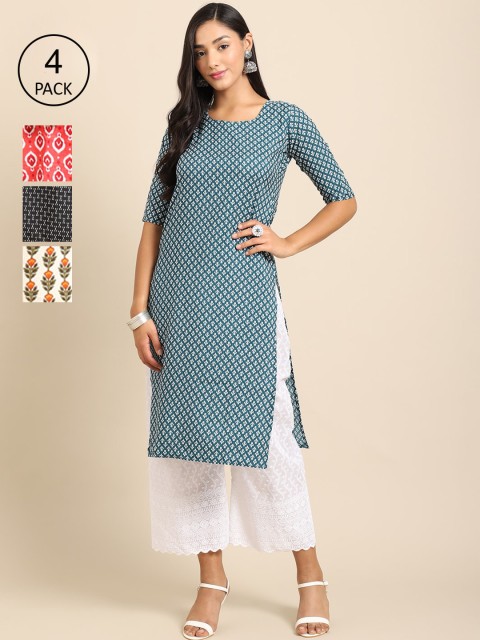

Ethnic basket Women Multicoloured Geometric Striped Keyhole Neck Flared Sleeves Mirror Work Block Print Kurta, Multi