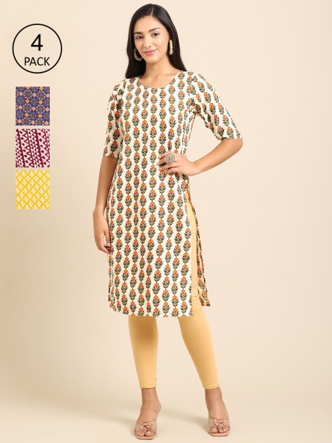 

Ethnic basket Women Yellow & Maroon Pack Of 4 Floral Printed Block Print Crepe Kurta