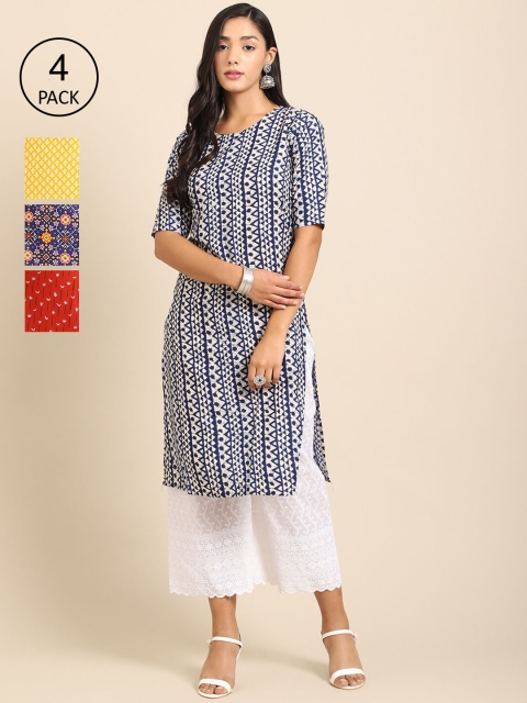 

Ethnic basket Women Pack Of 4 Blue & Yellow Ethnic Motifs Printed Crepe Kurta