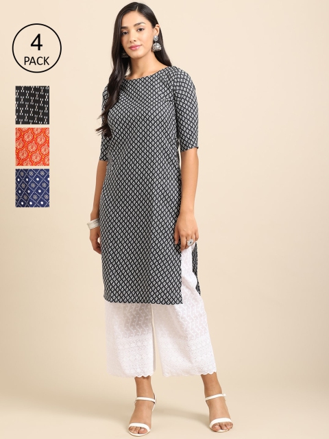 

Ethnic basket Women Pack of 4 Block Print Crepe Kurta, Black