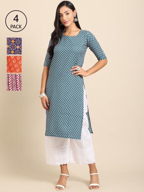 

Ethnic basket Women Pack of 4 Teal & Blue Ethnic Motifs Printed Crepe Kurta