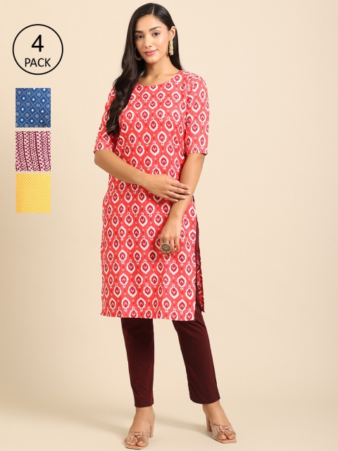 

Ethnic basket Women Pack Of 4 Floral Printed Crepe Straight Kurta, Yellow