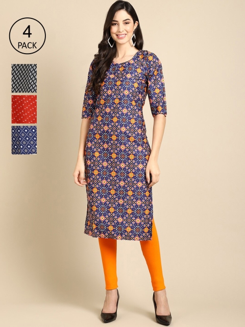 

Ethnic basket Women Pack Of 4 Geometric Printed Crepe Kurtas, Blue