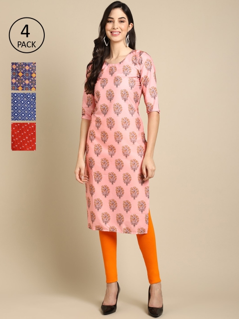 

Ethnic basket Women Pack of 4 Ethnic Motifs Printed Crepe Kurta, Pink