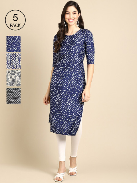

Ethnic basket Women Multicoloured Geometric Printed Keyhole Neck Thread Work Block Print Crepe Kurta, Multi