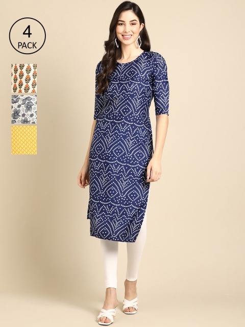 

Ethnic basket Pack of 4 Women Blue & Off White Geometric Printed Crepe Kurta