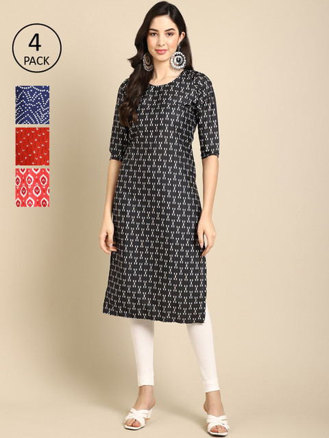

Ethnic basket Women Pack Of 4 Multicoloured Ethnic Motifs Printed Crepe Kurta, Multi