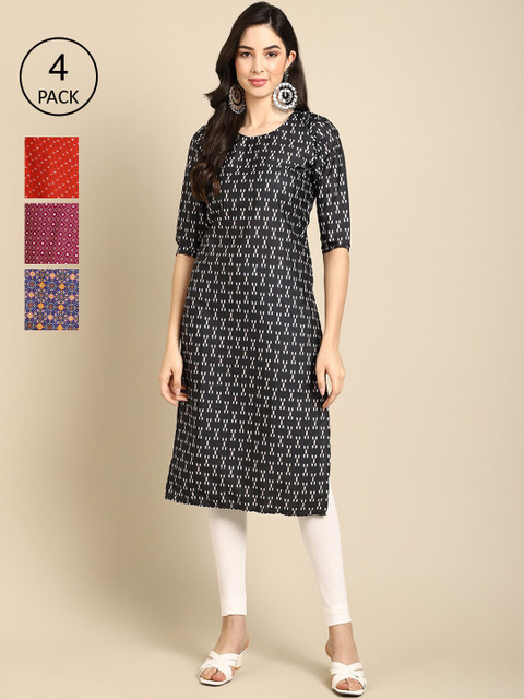 

Ethnic basket Women Multicoloured Geometric Printed Keyhole Neck Block Print Crepe Kurta, Multi