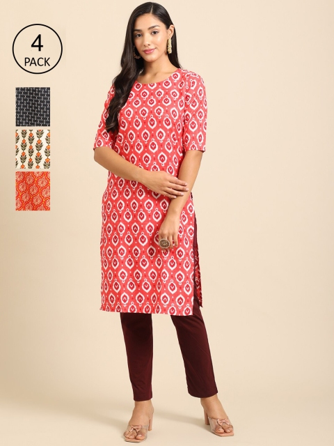 

Ethnic basket Women Pack of 4 Ethnic Motifs Printed Crepe Kurta, Pink