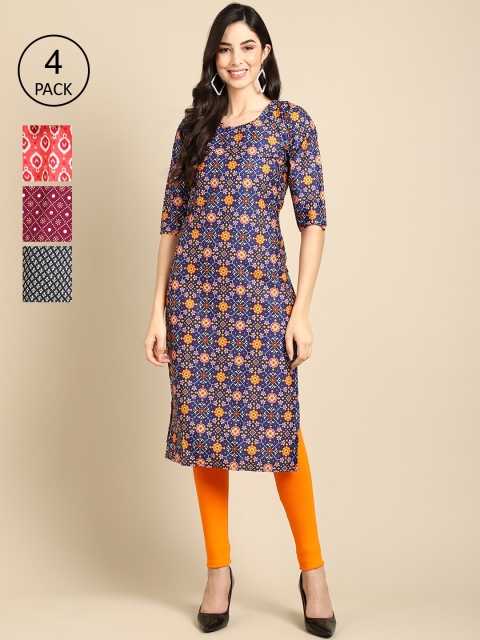 

Ethnic Basket Pack Of 4 Women Printed Crepe Kurta, Blue