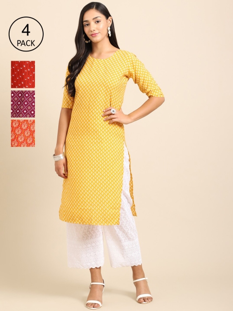 

Ethnic basket Women Multicoloured Geometric Printed Keyhole Neck Flared Sleeves Thread Work Block Print Kurta, Multi