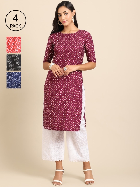 

Ethnic basket Pack of 4 Women Ethnic Motifs Printed Block Print Crepe Kurta, Maroon