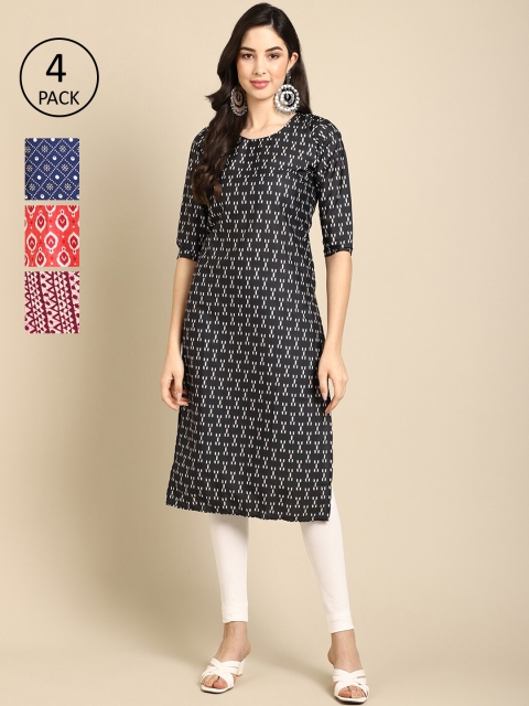 

Ethnic basket Women Pack of 4 Printed Crepe Kurtas, Black