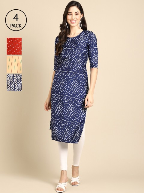 

Ethnic basket Pack of 4 Women Geometric Printed Crepe Kurta, Red