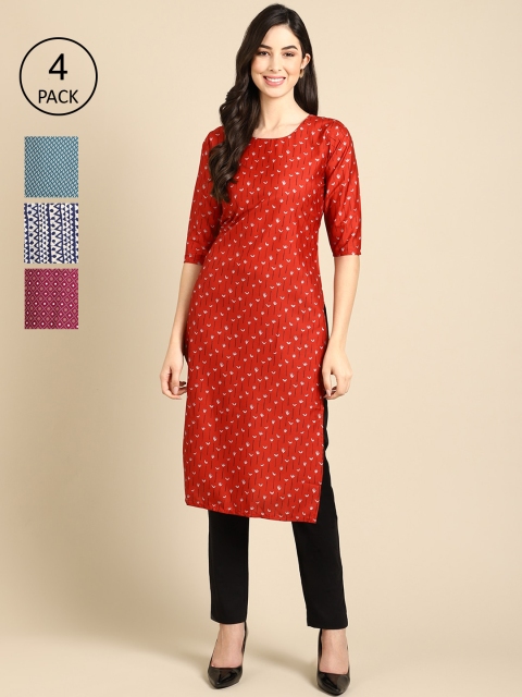 

Ethnic basket Women Pack Of 4 Ethnic Motifs Printed Crepe Kurta, Red