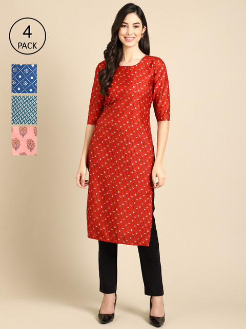 

Ethnic basket Stylish Women's Crepe Printed Straight Kurta (Pack of 4), Blue