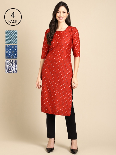 

Ethnic basket Pack of 4 Women Ethnic Motifs Printed Block Print Crepe Kurta, Red