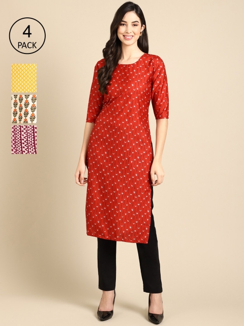 

Ethnic Basket Pack Of 4 Women Printed Crepe Kurta, Red