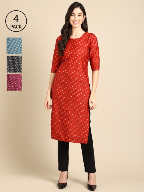 

Ethnic basket Women Pack of 4 Red & Blue Geometric Printed Crepe Kurta