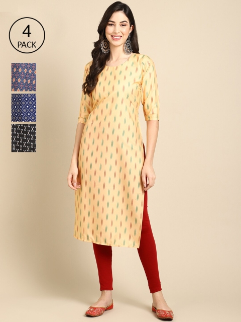 

Ethnic basket Women Pack of 4 Printed Crepe Straight Kurta, Yellow