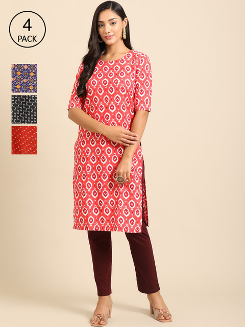 

Ethnic basket Women Pack of 4 Printed Crepe Kurtas, Coral