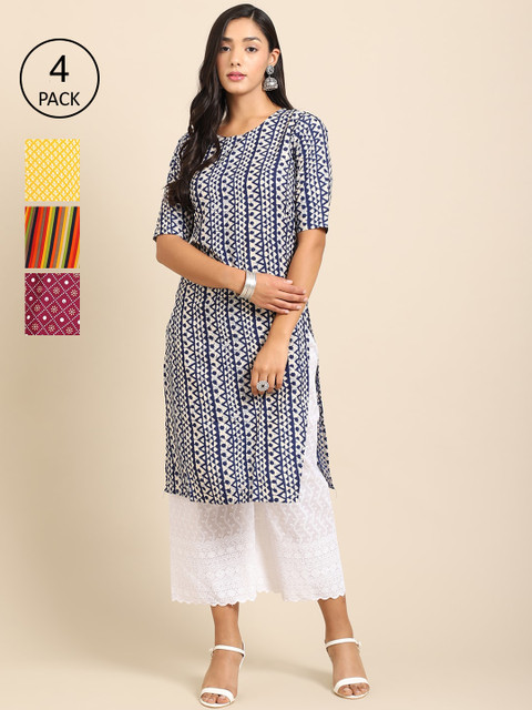 

Ethnic basket Women Pack of 4 Geometric Printed Crepe Straight Kurta, Yellow