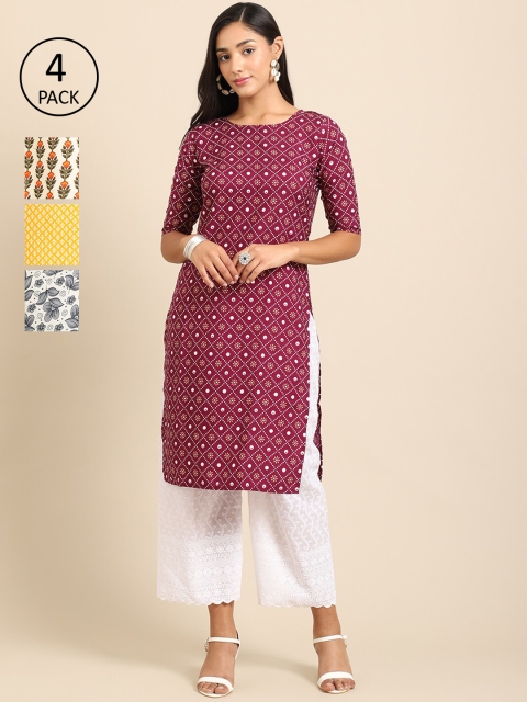 

Ethnic basket Women Pack of 4 Maroon & Yellow Ethnic Motifs Printed Crepe Kurta